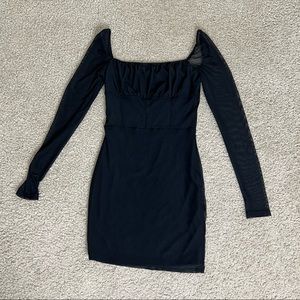 Square Neck Mesh Long Sleeve Ruched Bodycon Mini Dress Cocktailk Dress